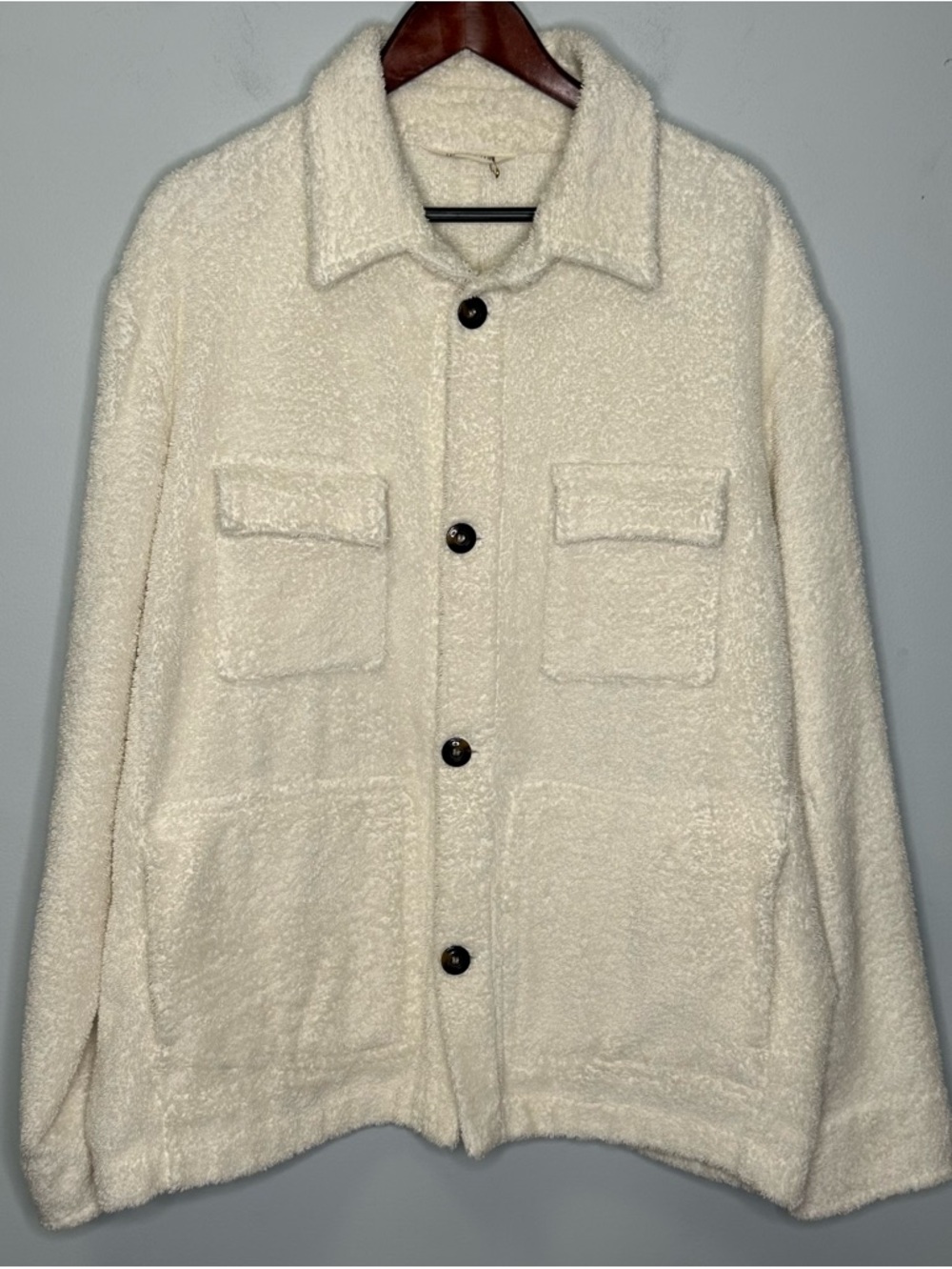Simone Fan Men’s Ivory Terry Toweling Buttoned Front Cotton Jacket Size L/XL